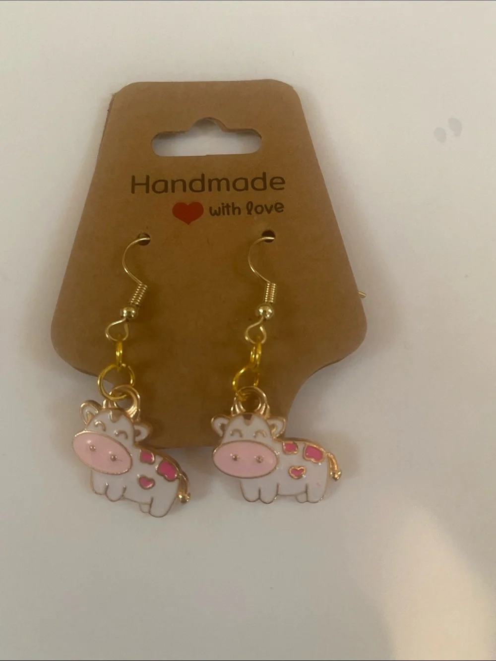Gold-Tone Pink Cow Dangle Earrings for Kids - Handmade